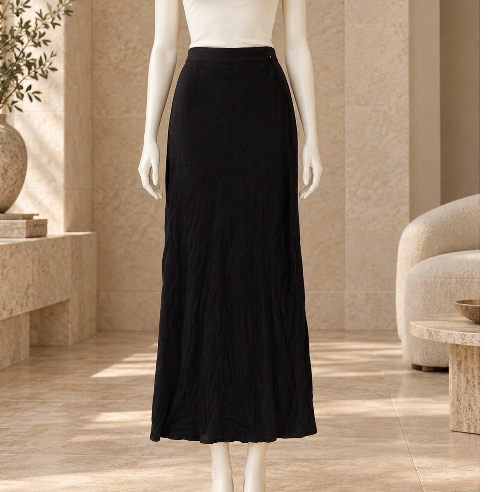 H&M Women Skirt Black Linen Blend Elastic Waist Midi Size Medium